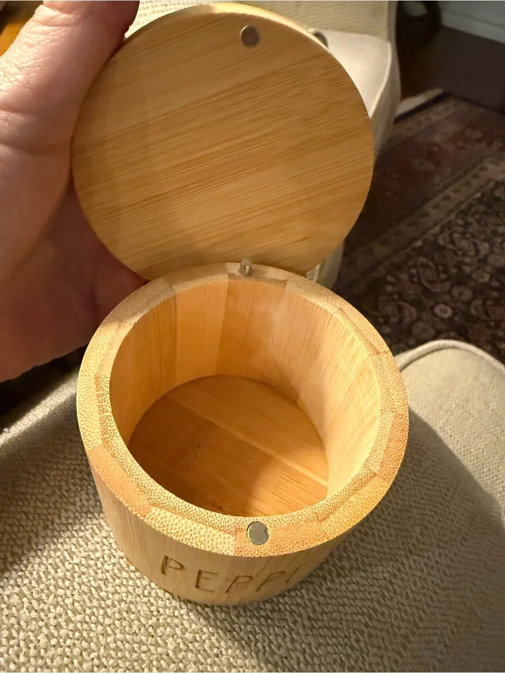 Rae Dunn Pepper cellar • woodgrain and magnetic lids